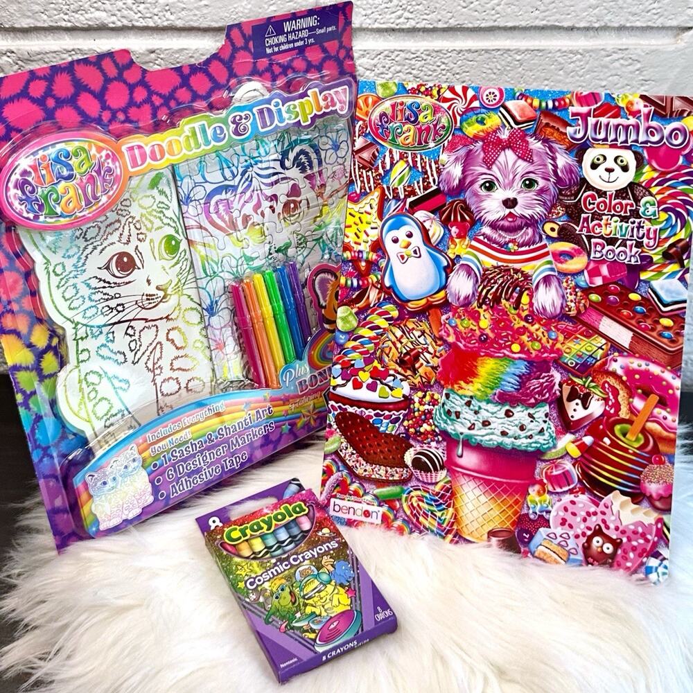 Lisa Frank Jumbo Color & Activity Book, Doodle & Display Kit & Cosmic Crayon Lot